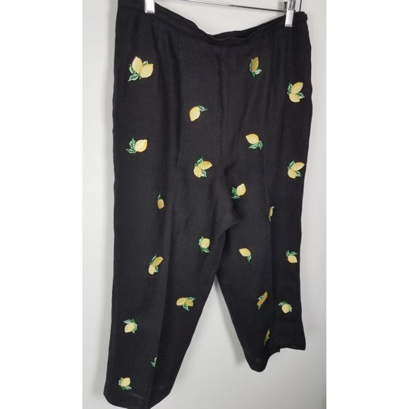 Talbots Petites Women's Sz. 14 Black Irish Linen Lemon Embroidered Pants - Picture 4 of 7